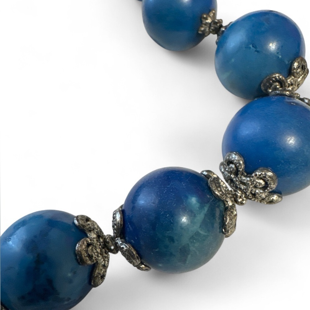 Vintage HOWLITE Blue Marbled Heavy Glass Bead Silver Clasp Necklace Earring Set - Picture 3 of 6